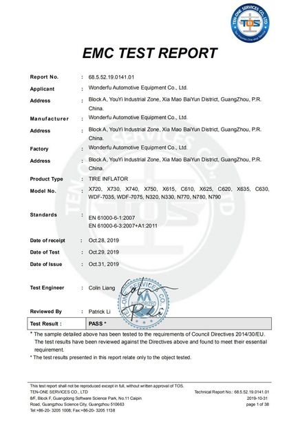 Chiny Guangzhou Wonderfu Automotive Equipment Co., Ltd Certyfikaty